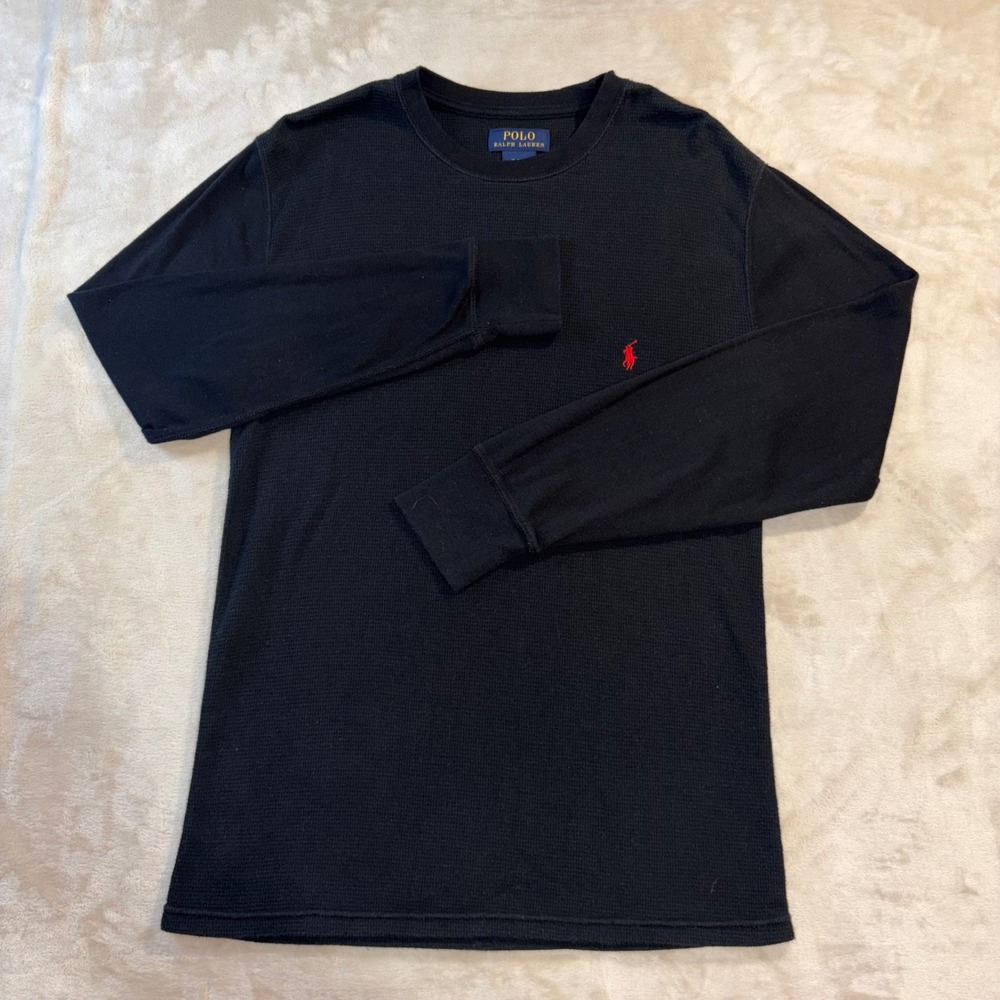 Polo Ralph Lauren Mens Black Waffle Knit Thermal Long Sleeve Shirt Medium